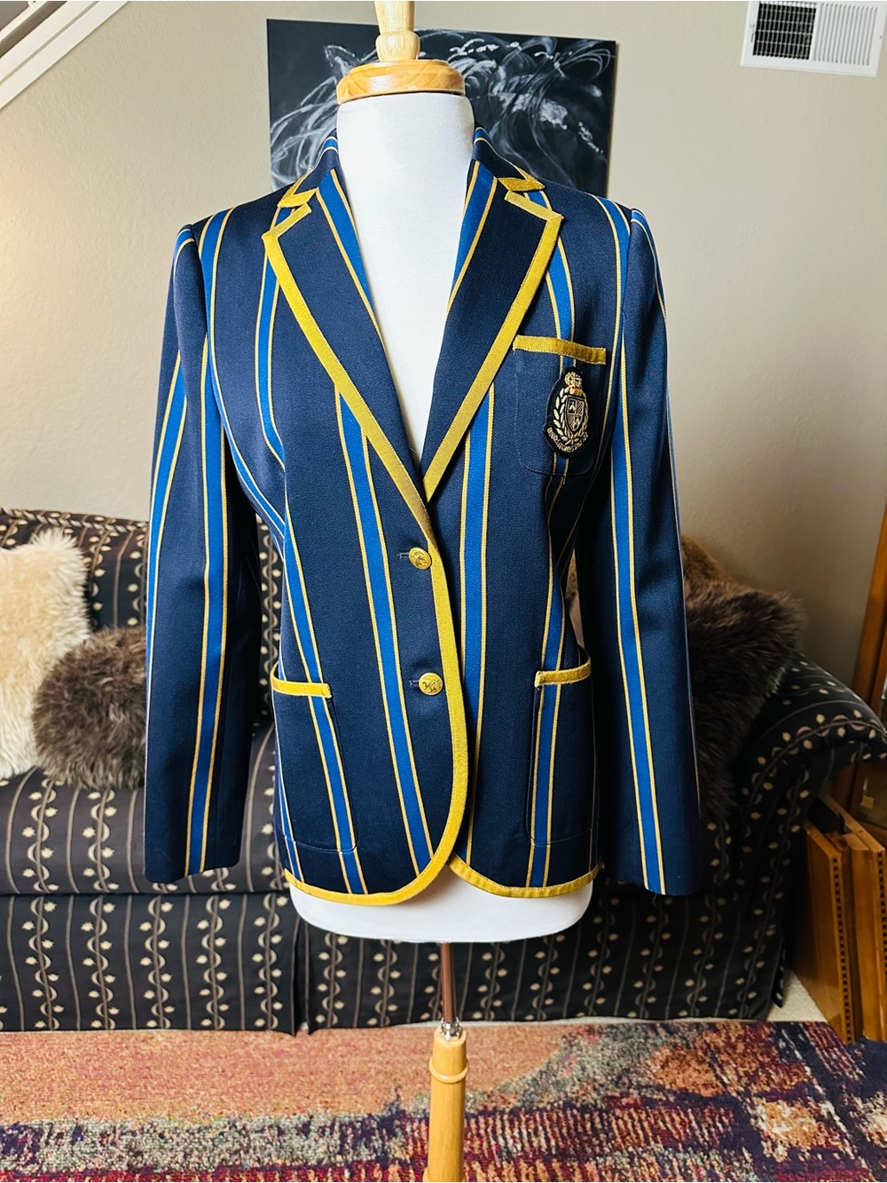 Brooks Brothers Striped Boating Blazer with Crest & Grosgrain Trim -Size: 10
